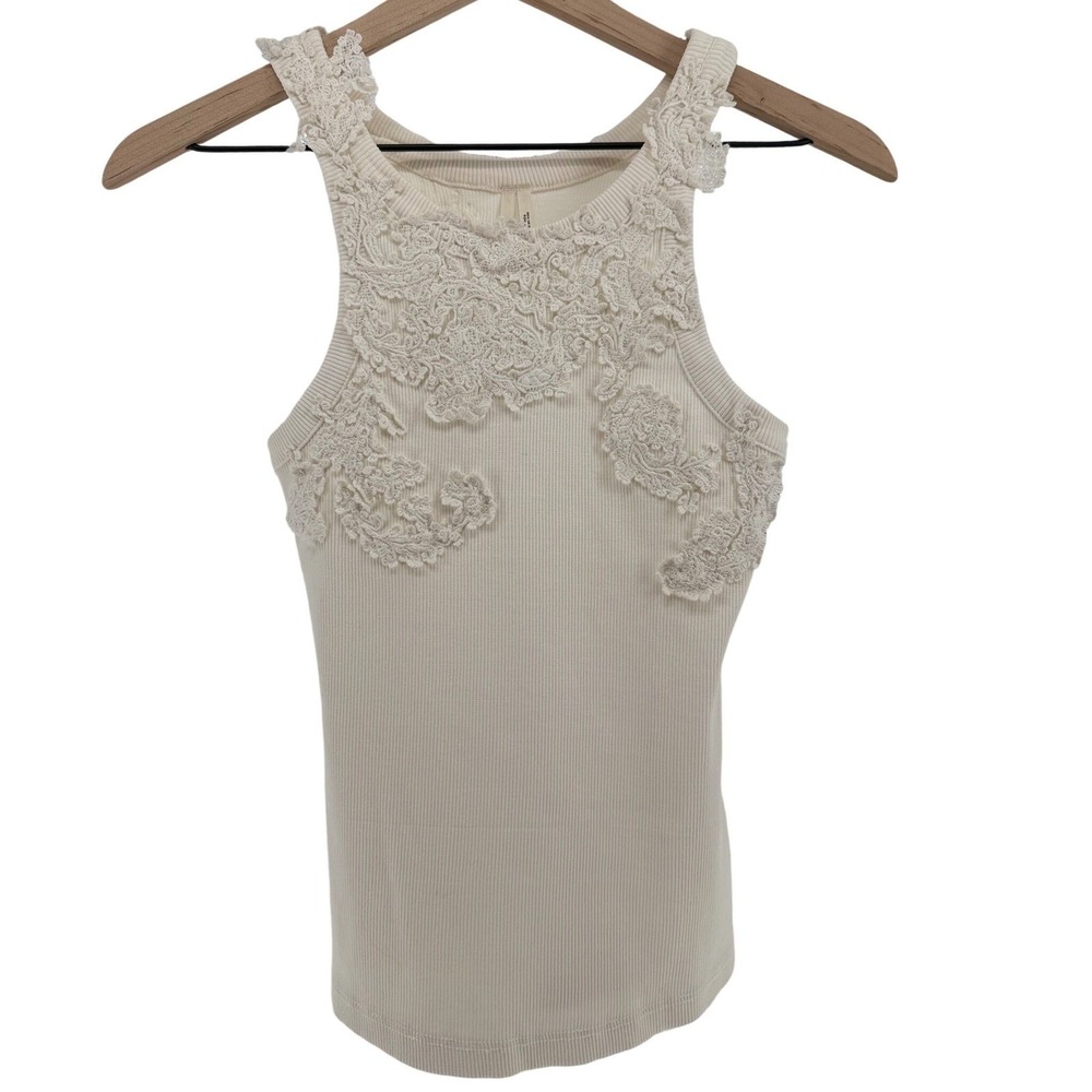 Anthropologie Lace Applique Ribbed Tank Top Cream Ivory High Neck XS Slim Fit - Picture 2 of 10